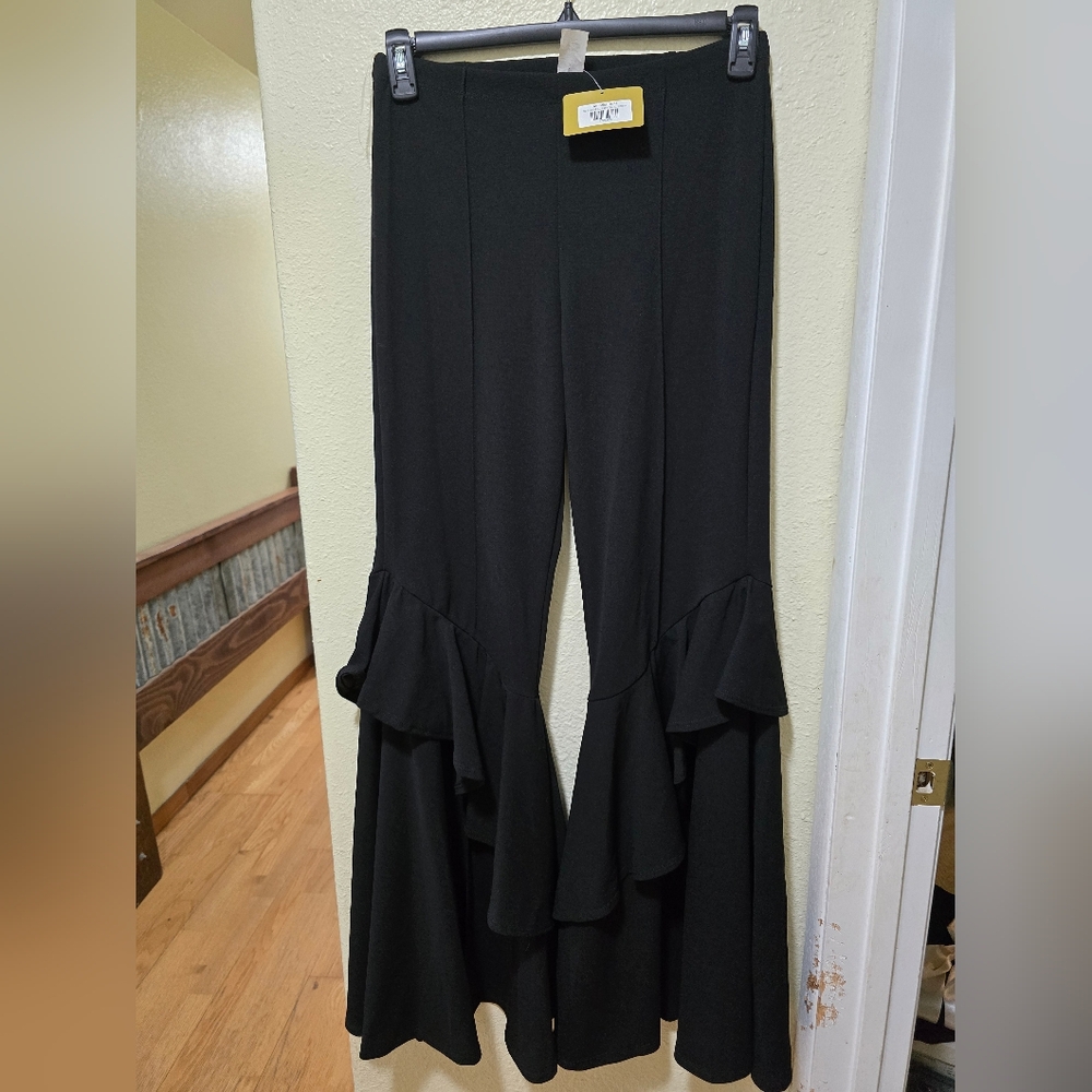 Rodeo Quincy Senorita Bells Black Ruffle Hem Wide Leg Pants
